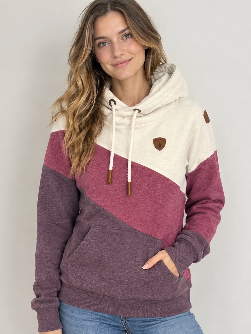 Wanakome Colorblock Hooded Pullover in Cream, Berry & Plum